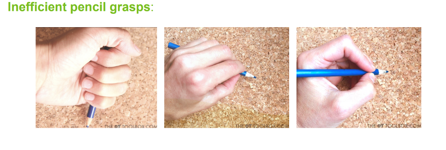 Steps showing hands holding pencils in inefficient grasps